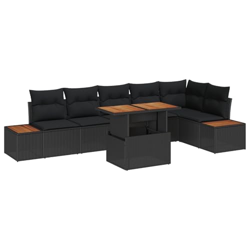 Rantry 7-teiliges Garten Essgruppe mit Kissen Schwarz Poly Rattan Akazie Tisch Und Stuhl Für Garten von Rantry