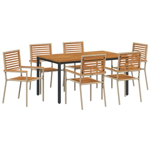 Rantry 7-teiliges Garten Essset Beige Poly Rattan Akazie, stapelbare Sessel mit Kissen - Set von 2 in Beige Poly Rattan, Gartentisch 150x90x75 cm aus massivem Akazienholz und Metall Gartenlounge Model Rantry 7-teiliges Garten Essset Beige Poly Rattan Akazie, stapelbare Sessel mit Kissen - Set von 2 in Beige Poly Rattan, Gartentisch 150x90x75 cm aus massivem Akazienholz und Metall Gartenlounge Model von Rantry
