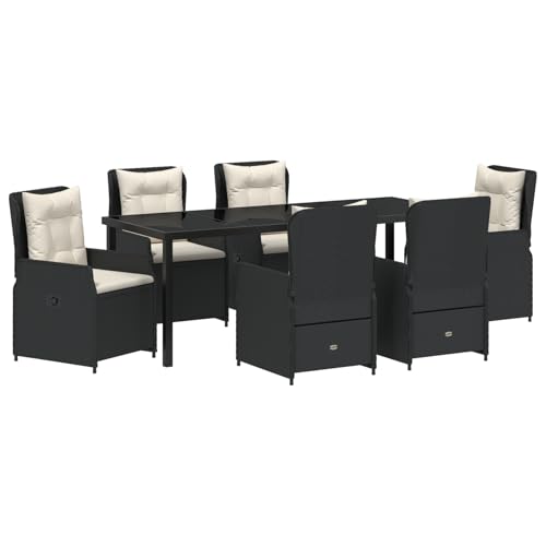 Rantry 7-teiliges Garten Essset Schwarzes Poly Rattan, Gartentisch Schwarz 200x80x73 cm Sicherheitsglas Gartenlounge Model3380944 von Rantry