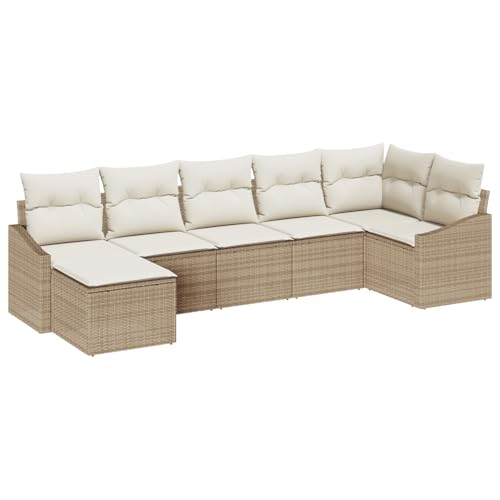 Rantry 7-teiliges Garten Essset mit Kissen Beige Poly Rattan Tisch Und Stuhl Für Garten von Rantry
