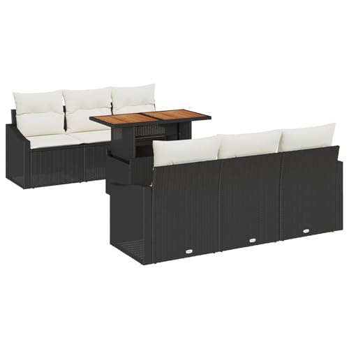Rantry 7-teiliges Garten Esstisch Set mit Kissen Schwarz Poly Rattan Akazie Gartenlounge Model3349781 von Rantry