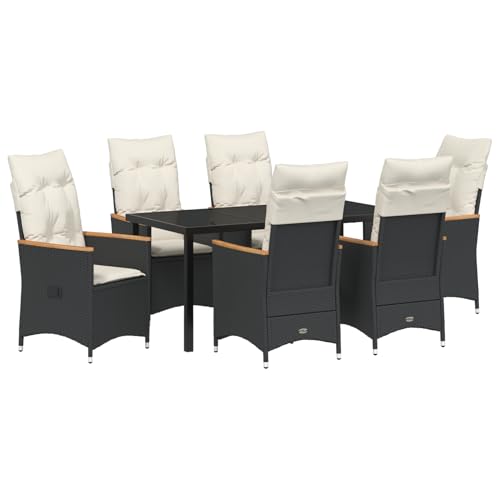 Rantry 7-teiliges Garten-Esstisch-Set mit Kissen in schwarzem Poly-Rattan Gartenlounge Model3379608 von Rantry