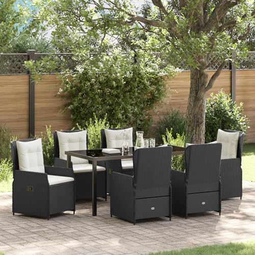 Rantry 7-teiliges Garten Esszimmer Set Schwarz Poly-Rattan, Gartentisch Schwarz 160x80x73 cm Sicherheitsglas Gartenlounge Model3380943 von Rantry
