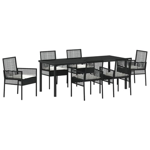 Rantry 7-teiliges Garten-Esszimmer-Set mit Kissen Schwarz Poly-Rattan Gartenlounge Model3379868 von Rantry
