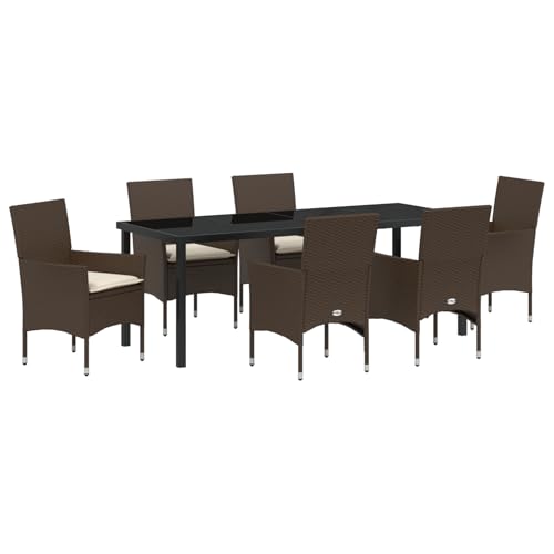 Rantry 7-teiliges Garten-Esszimmer Set mit Kissen aus braunem Poly-Rattan, Gartentisch Schwarz 200x80x73 cm mit Sicherheitsglas Gartenlounge Model3379784 von Rantry