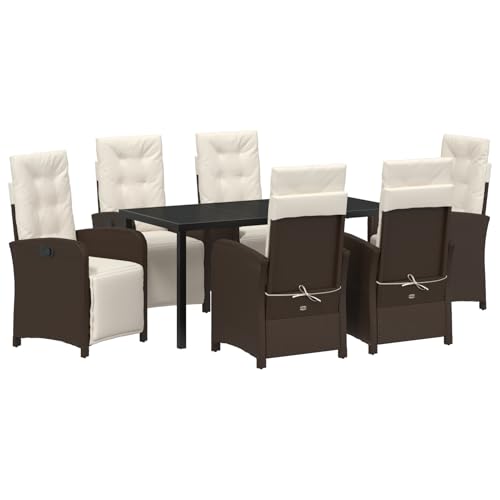 Rantry 7-teiliges Garten Esszimmer Set mit Kissen in Braun aus Poly Rattan, Gartentisch Schwarz 160x80x73 cm mit GEH?rtetem Glas Gartenlounge Model3380320 von Rantry