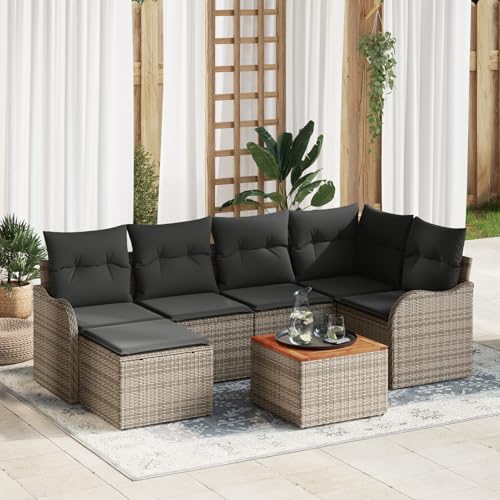 Rantry 7-teiliges Garten-Sofa-Set mit Kissen Grau Poly Rattan Akazie, 2-Sitzer Garten-Sofa mit Stauraum & Kissen Grau Poly Rattan Gartenlounge Model3356144 von Rantry
