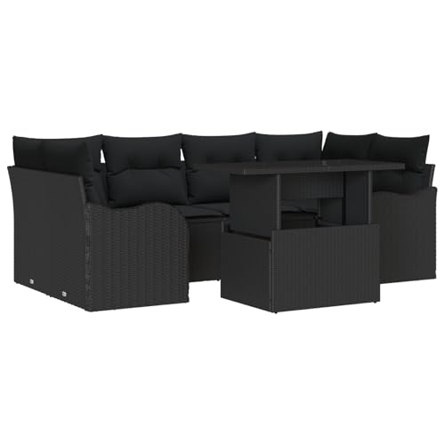 Rantry 7-teiliges Garten Sofa Set mit Kissen Schwarz Poly Rattan, 2-Sitzer Garten Sofa mit Kissen Schwarz Poly Rattan Gartenlounge Model3348399 von Rantry