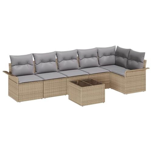 Rantry 7-teiliges Garten Sofa Set mit Kissen Schwarz Poly Rattan, 2-Sitzer Garten Sofa mit Stauraum & Kissen Beige Poly Rattan Gartenlounge Model3354059 von Rantry