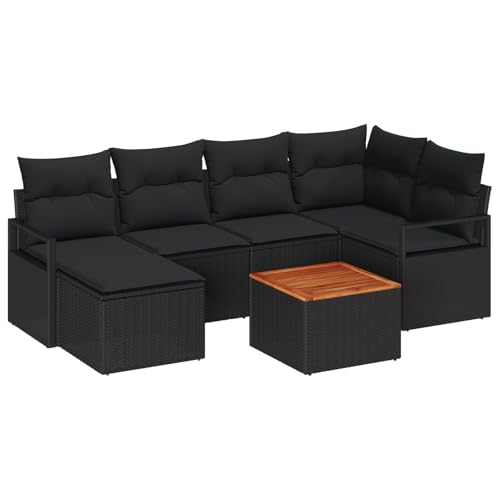 Rantry 7-teiliges Garten Sofa Set mit Kissen Schwarz Poly Rattan Akazie, 2-Sitzer Garten Sofa mit Kissen Schwarz Poly Rattan Gartenlounge Model3347730 von Rantry