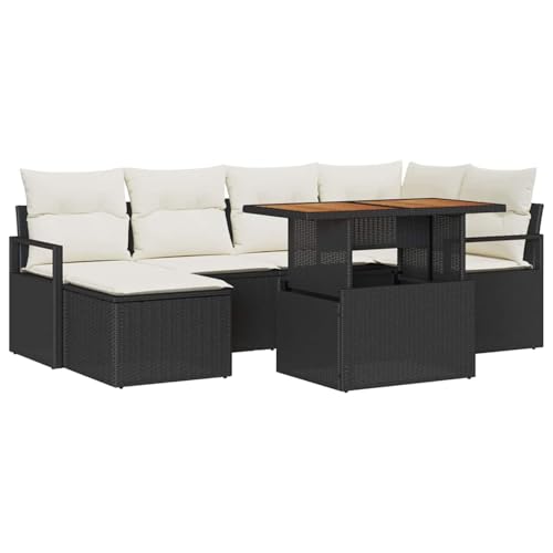 Rantry 7-teiliges Garten Sofa Set mit Kissen Schwarz Poly Rattan Akazie, 2-Sitzer Garten Sofa mit Kissen Schwarz Poly Rattan Gartenlounge Model3349732 von Rantry