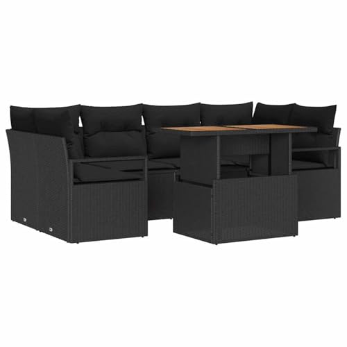 Rantry 7-teiliges Garten Sofa Set mit Kissen Schwarz Poly Rattan Akazienholz, 2-Sitzer Garten Sofa mit Kissen Schwarz Poly Rattan Gartenlounge Model3349666 von Rantry