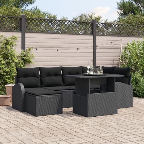 Rantry 7-teiliges Garten-Sofa-Set mit Kissen in Schwarz aus Poly-Rattan Gartenlounge Model3348679 von Rantry