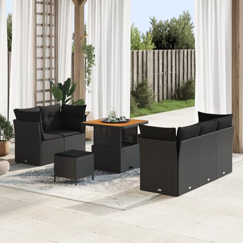 Rantry 8-teilige Garten Sofa Set mit Kissen Schwarz Poly Rattan Akazie, 3-teiliges Garten Esszimmer Set mit Kissen Schwarz Poly Rattan Akazie Gartenlounge Model3361424 von Rantry