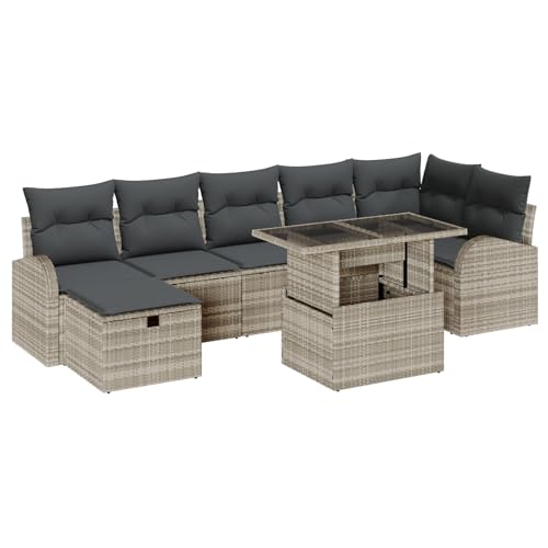 Rantry 8-teiliges Garten Sofa Set mit Kissen Hellgrau Poly Rattan, 2-Sitzer Garten Sofa mit Stauraum & Kissen Hellgrau Poly Rattan Gartenlounge Model3361101 von Rantry