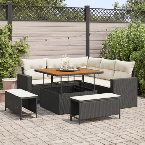 Rantry 8-teiliges Garten-Sofa-Set mit Kissen Schwarz Poly-Rattan Akazie, 3-teiliges Garten-Dining-Set mit Kissen Schwarz Poly-Rattan Akazie Gartenlounge Model3361605 von Rantry