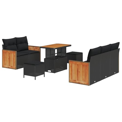 Rantry 8-teiliges Garten Sofa Set mit Kissen Schwarz Poly Rattan Akazie, 3-teiliges Garten Essset mit Kissen Schwarz Poly Rattan Akazie Gartenlounge Model3365199 von Rantry