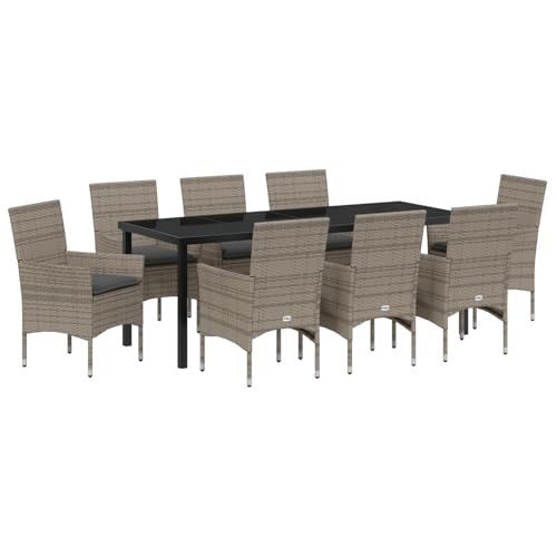 Rantry 9-teilige Garten Essgruppe mit Kissen Grau Poly Rattan, Gartentisch Schwarz 200x80x73 cm Tempered Glass Gartenlounge Model3379792 von Rantry