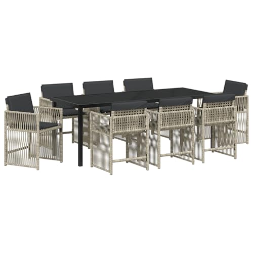 Rantry 9-teilige Garten Essgruppe mit Kissen Hellgrau Poly Rattan, Gartentisch Schwarz 200x80x73 cm Sicherheitsglas Gartenlounge Model3380668 von Rantry