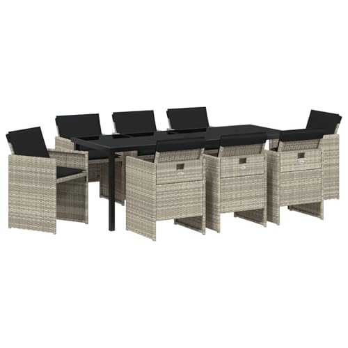 Rantry 9-teilige Garten Essgruppe mit Kissen in Hellgrau, Poly Rattan, Gartentisch Schwarz 200x80x73 cm, Sicherheitsglas Gartenlounge Model3380612 von Rantry