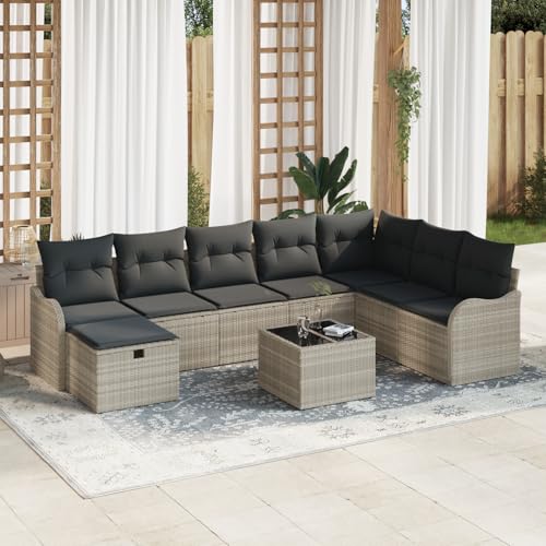 Rantry 9-teilige Garten Sofagarnitur mit Kissen in Hellgrau aus Poly Rattan, 2-Sitzer Garten Sofa mit Stauraum & Kissen in Hellgrau aus Poly Rattan Gartenlounge Model3360373 von Rantry