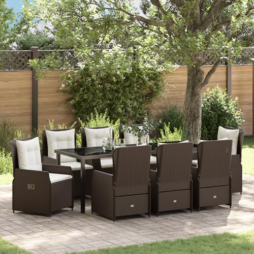 Rantry 9-teiliges Garten Essset Braun Poly-Rattan, Gartentisch Schwarz 200x80x73 cm Sicherheitsglas Gartenlounge Model3380952 von Rantry