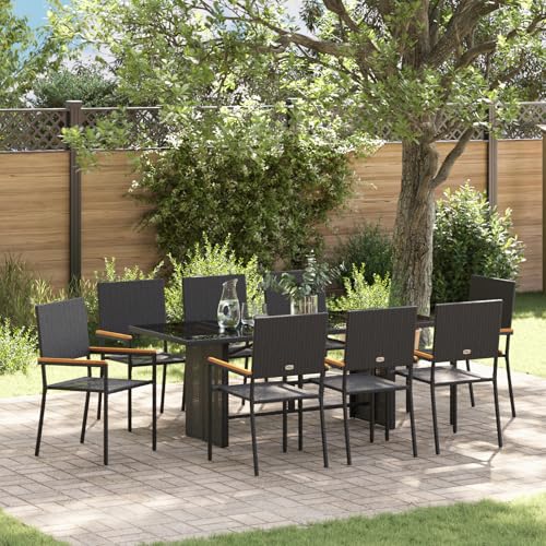 Rantry 9-teiliges Garten Esstisch Set Schwarz Poly Rattan, Stapelbare Gartenstühle mit Kissen - 2-teiliges Set aus schwarzem Poly Rattan Gartenlounge Model3365427 von Rantry