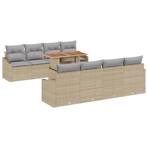 Rantry 9-teiliges Garten-Esszimmer Set mit Kissen Beige Poly Rattan Akazie Gartenlounge Model3349811 von Rantry