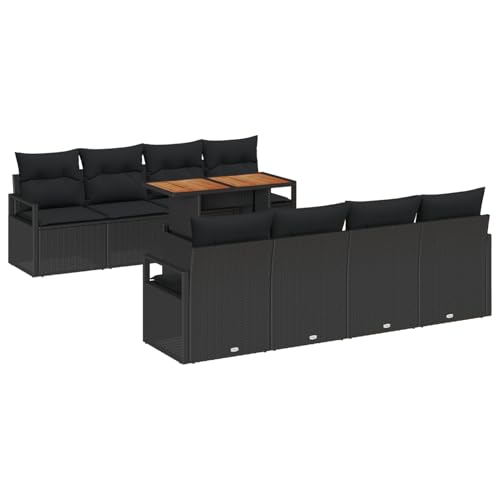 Rantry 9-teiliges Garten-Sofa-Set mit Kissen Schwarz Poly-Rattan Akazie, 2-Sitzer Garten-Sofa mit Kissen Schwarz Poly-Rattan Gartenlounge Model3349687 von Rantry