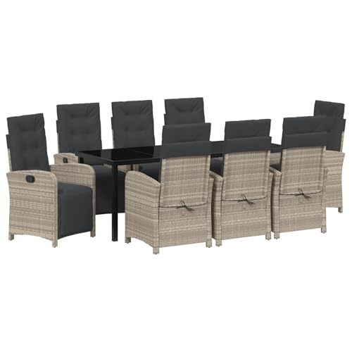 Rantry 9-teiliges Garten-Speiseset mit Kissen aus hellgrauem Poly-Rattan, Gartentisch Schwarz 200x80x73 cm mit GEH?rtetem Glas Gartenlounge Model3380350 von Rantry