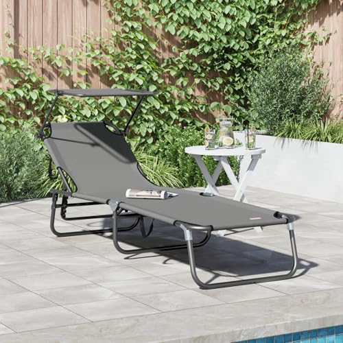 Rantry Faltbare Sonnenliege mit Sonnendach Grau 600D Oxfordstoff Standmarkise Model42003131 von Rantry
