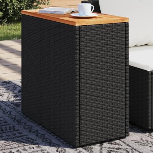 Rantry Garten Beistelltisch mit Holzplatte Schwarz 58x27,5x55cm Poly Rattan Gartentisch Garten Bistro Terrassentisch Essmöbel Garten Outdoor von Rantry