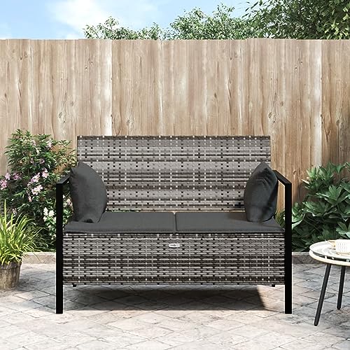 Rantry Gartenbank 2-Sitzer mit Kissen Truhenbank mit Stauraum Sitzbank Parkbank Gartenbank Truhenbank Gartensofa Terrassenbank Möbel Garten Balkonmöbel Grau Poly Rattan von Rantry