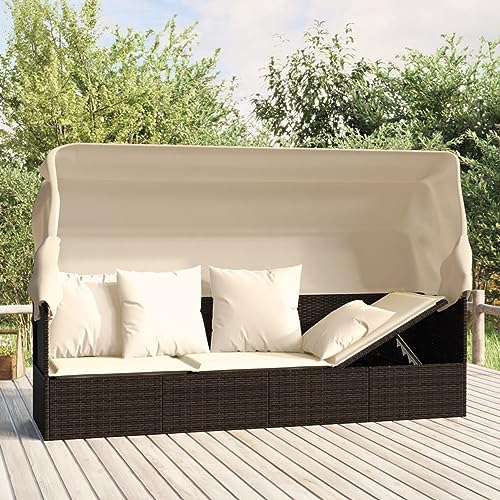 Rantry Gartensofa mit Sonnendach und Kissen Gartenliege Möbel mit Sonnenschutz Sofabett Sonnenliege Sofa Bett Gartenliege Möbel Gartensofa Braun und Cremeweiß Poly Rattan von Rantry