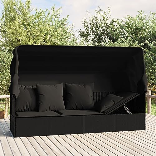 Rantry Gartensofa mit Sonnendach und Kissen Gartenliege Möbel mit Sonnenschutz Sofabett Sonnenliege Sofa Bett Gartenliege Möbel Gartensofa Schwarz Poly Rattan von Rantry