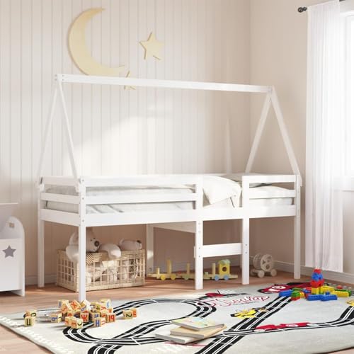 Rantry Hochbett mit Dach Weiß 90x190 cm Massivholz Kiefer Gästebett Model3282099 von Rantry