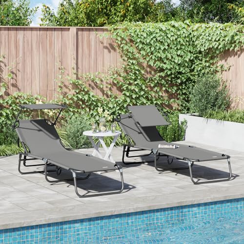Rantry Klapp-Sonnenliegen 2 STK mit Sonnendach Grau 600D Oxford-Stoff Standmarkise Model42003137 von Rantry