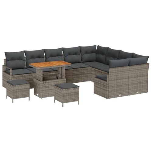 Rantry Sofa Im Freien Lounge Möbel Outdoor 12-teiliges Garten-Sofa-Set mit Kissen Grau Poly-Rattan Akazie von Rantry