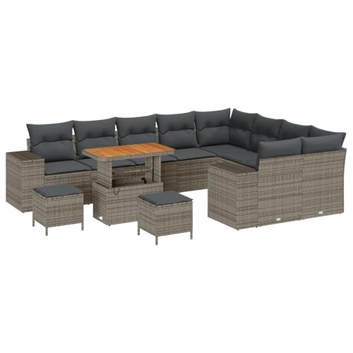 Rantry Sofa Im Freien Lounge Möbel Outdoor 12-teiliges Garten-Sofa-Set mit Kissen Grau Poly-Rattan Akazie von Rantry