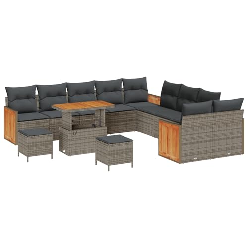 Rantry Sofa Im Freien Lounge Möbel Outdoor 13-teiliges Garten-Sofa-Set mit Kissen Grau Poly-Rattan Akazie von Rantry