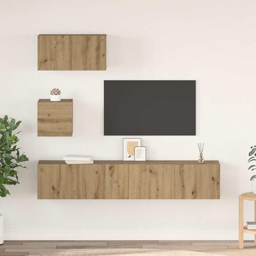 Rantry TV-Schrank-Set mit Regal Wandmontiert mit Speicher mit Tür 4 pcs Eiche handwerklich Fernsehschrank Model3393140 von Rantry