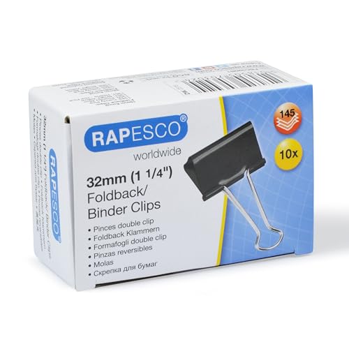 Rapesco FBC320B1 32mm Foldback Klammern, Schwarz, 10 Stück von Rapesco