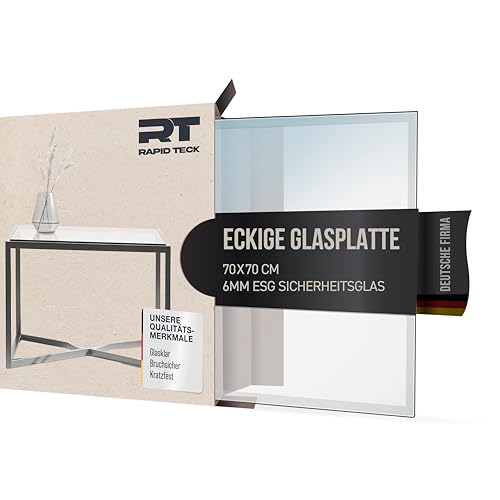 Rapid Teck® Glasplatte Nach Maß Eckig 70 x 70 cm Klar | Tischplatte aus Gehärtetem Glas | 6 mm Dicke Glasscheibe für Tisch oder Kaminofenplatte | Hochwertige Tisch Glasplatte von Rapid Teck