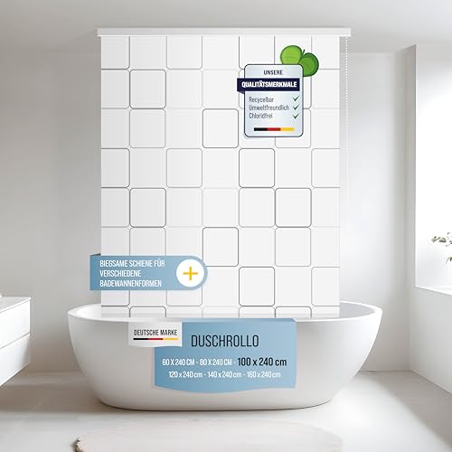 Rapid Teck® Halb-Kassetten Duschrollo 100cm | stilvolles Design Quadro Square | Duschvorhang mit Seilzug | Modernes Duschrollo für Badewanne | Duschrollo für Dusche und kleine Bäder von Rapid Teck