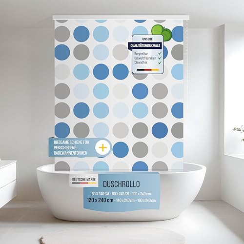 Rapid Teck® Halb-Kassetten Duschrollo 120cm | stilvolles Design Retro Blue Dot | Duschvorhang mit Seilzug | Modernes Duschrollo für Badewanne | Duschrollo für Dusche und kleine Bäder von Rapid Teck