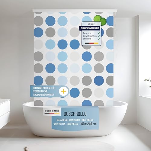 Rapid Teck® Halb-Kassetten Duschrollo 160cm | stilvolles Design Retro Blue Dot | Duschvorhang mit Seilzug | Modernes Duschrollo für Badewanne | Duschrollo für Dusche und kleine Bäder von Rapid Teck
