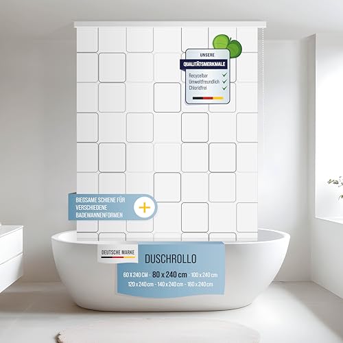 Rapid Teck® Halb-Kassetten Duschrollo 80cm | stilvolles Design Quadro Square | Duschvorhang mit Seilzug | Modernes Duschrollo für Badewanne | Duschrollo für Dusche und kleine Bäder von Rapid Teck