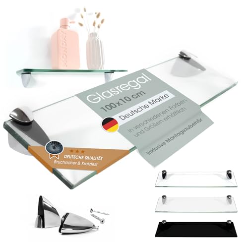 Rapid Teck Glas Wandregal Klarglas transparent 100cm x 10cm - Glasregal mit 8mm ESG Sicherheitsglas - Glasregal perfekt als Badablage Glasablage für Badezimmer - Verschiedene Größen wählbar von Rapid Teck
