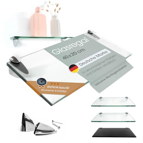 Rapid Teck Glas Wandregal Klarglas transparent 40cm x 20cm - Glasregal mit 8mm ESG Sicherheitsglas - Glasregal perfekt als Badablage Glasablage für Badezimmer - Verschiedene Größen wählbar von Rapid Teck