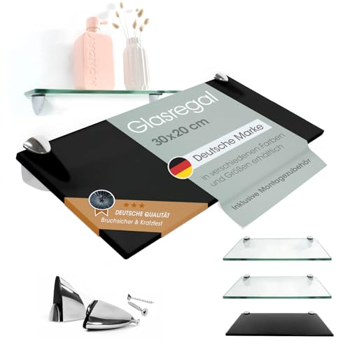 Rapid Teck Glas Wandregal Schwarz Glanz 30cm x 20cm - Glasregal mit 8mm ESG Sicherheitsglas - Glasregal perfekt als Badablage Glasablage für Badezimmer - Verschiedene Größen wählbar von Rapid Teck